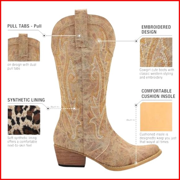 Women's Cowboy Boots Pointed Toe Stitched Embroidery Comfortable Western Boots - Picture 5 of 7